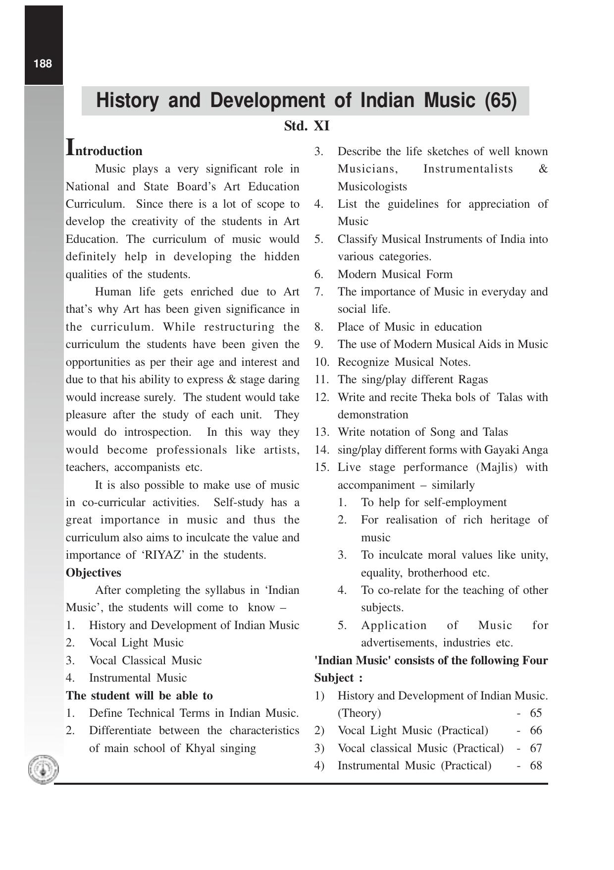 Maharashtra HSC History and Development of Indian Music Syllabus - Page 1