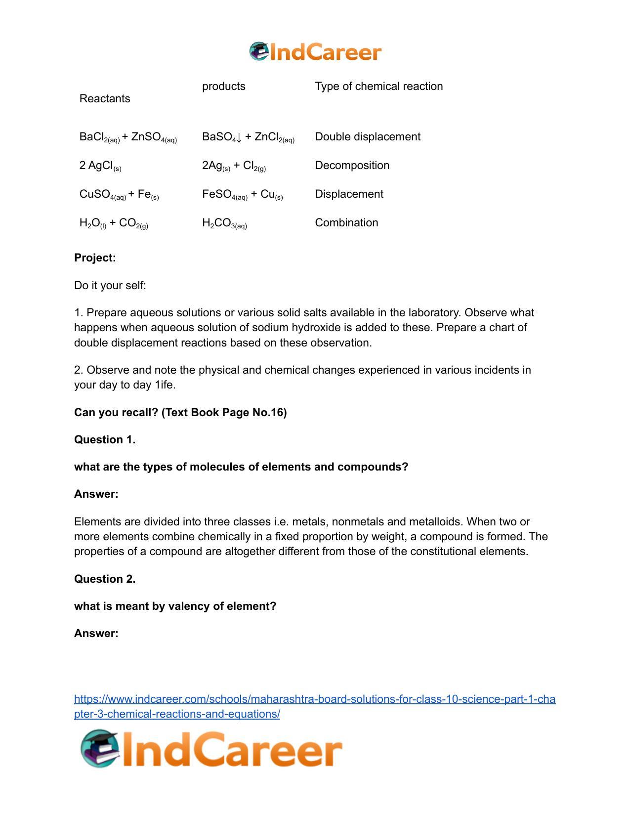 Maharashtra Board Solutions for Class 10- Science (Part 1): Chapter 3- Chemical Reactions and Equations - Page 20