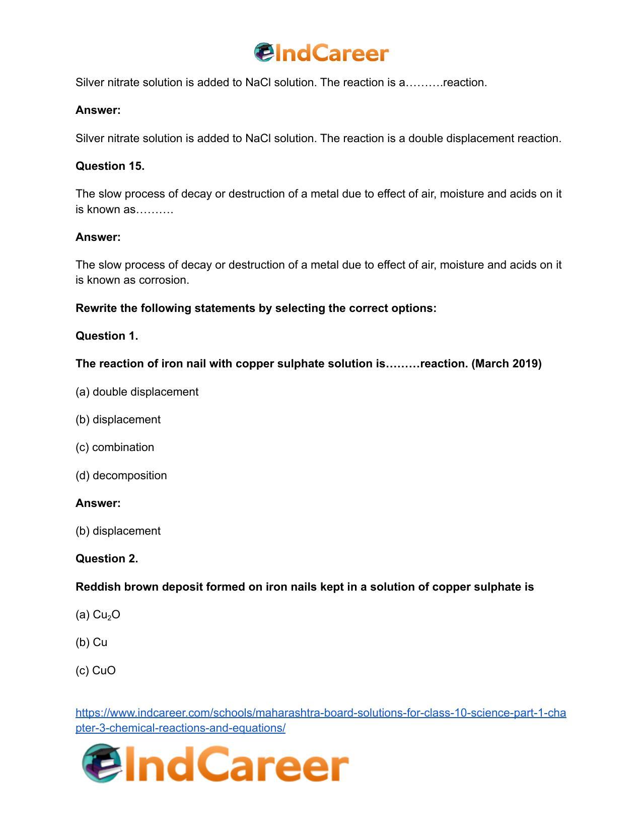 Maharashtra Board Solutions for Class 10- Science (Part 1): Chapter 3- Chemical Reactions and Equations - Page 31
