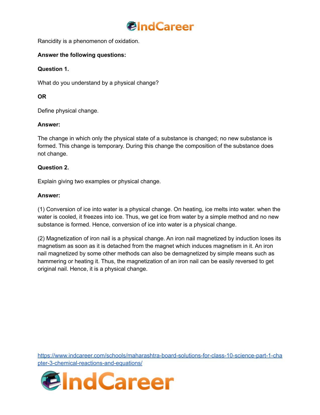 Maharashtra Board Solutions for Class 10- Science (Part 1): Chapter 3- Chemical Reactions and Equations - Page 50