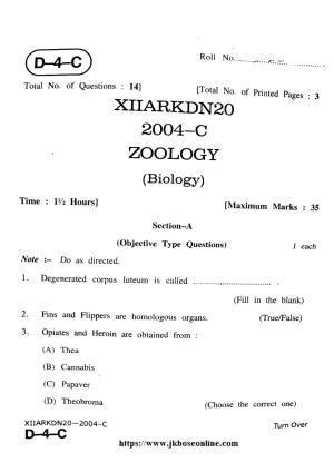 JKBOSE Class 12 Biology-Zoology 2004-C Question Papers 2020
