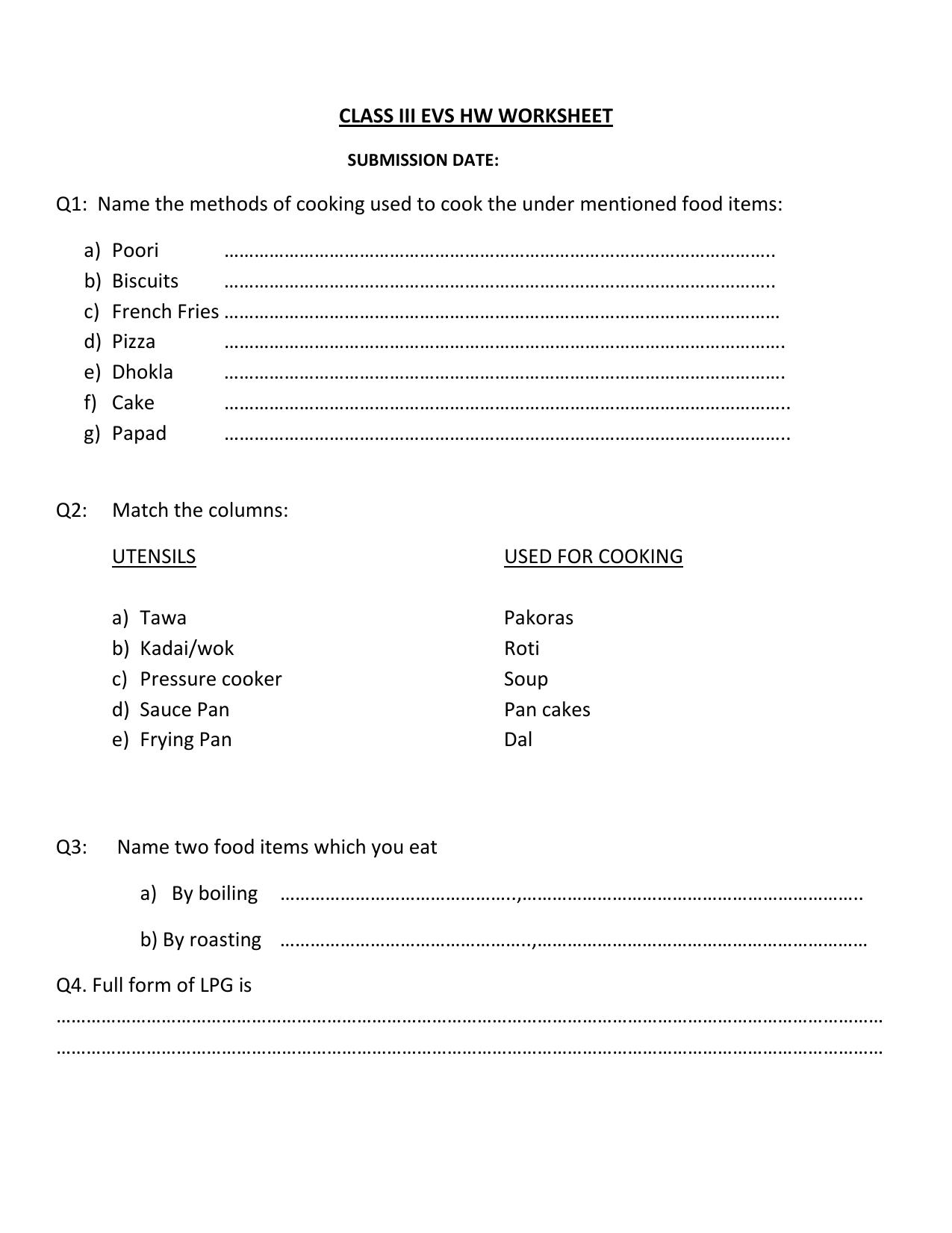 Worksheet for Class 3 EVS Assignment 55 Food - Page 1