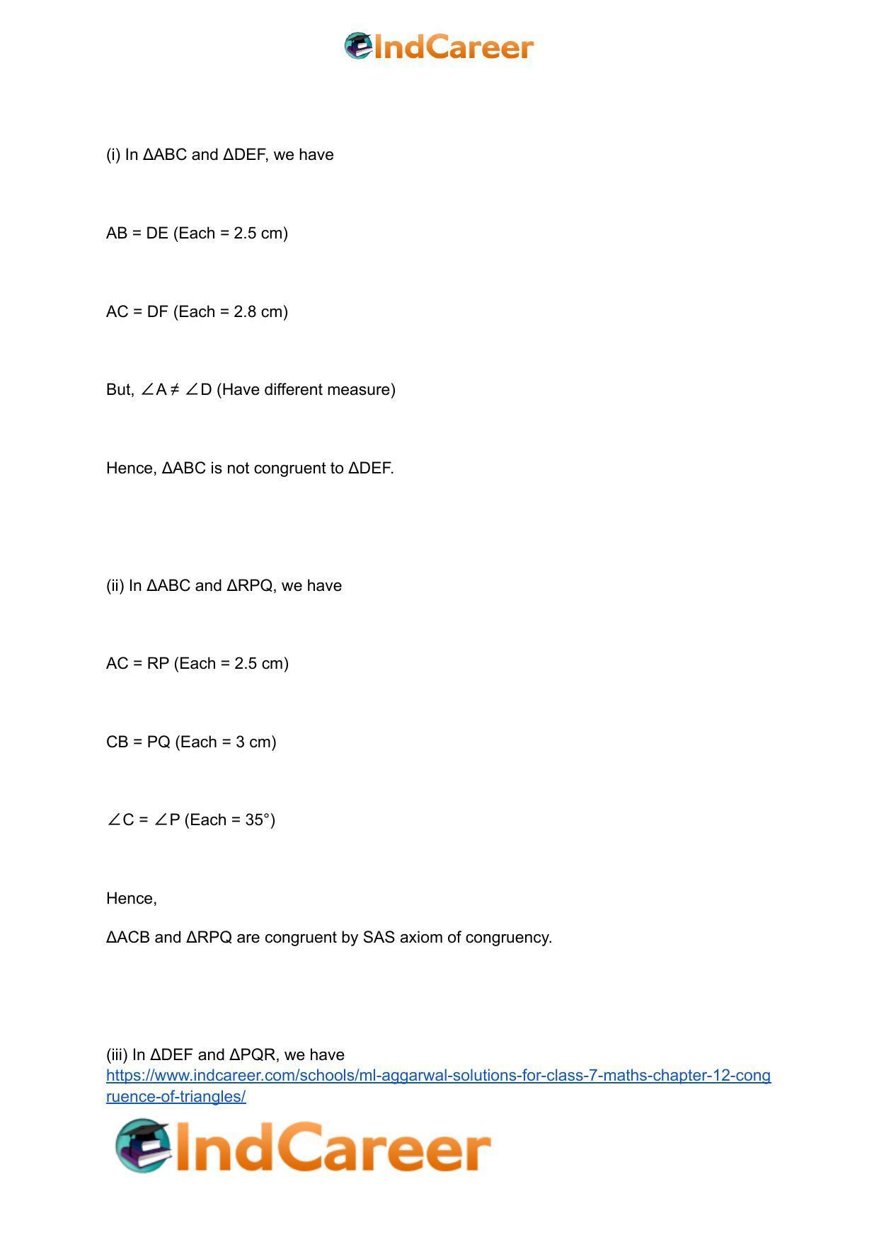 ML Aggarwal Solutions for Class 7 Maths Chapter 12- Congruence of Triangles - Page 7