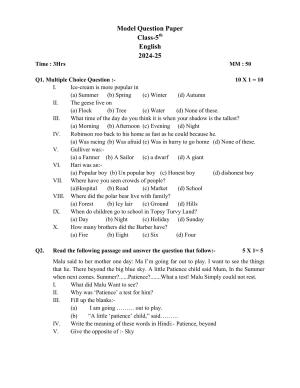 HPBOSE Class 5 English Sample Question Papers