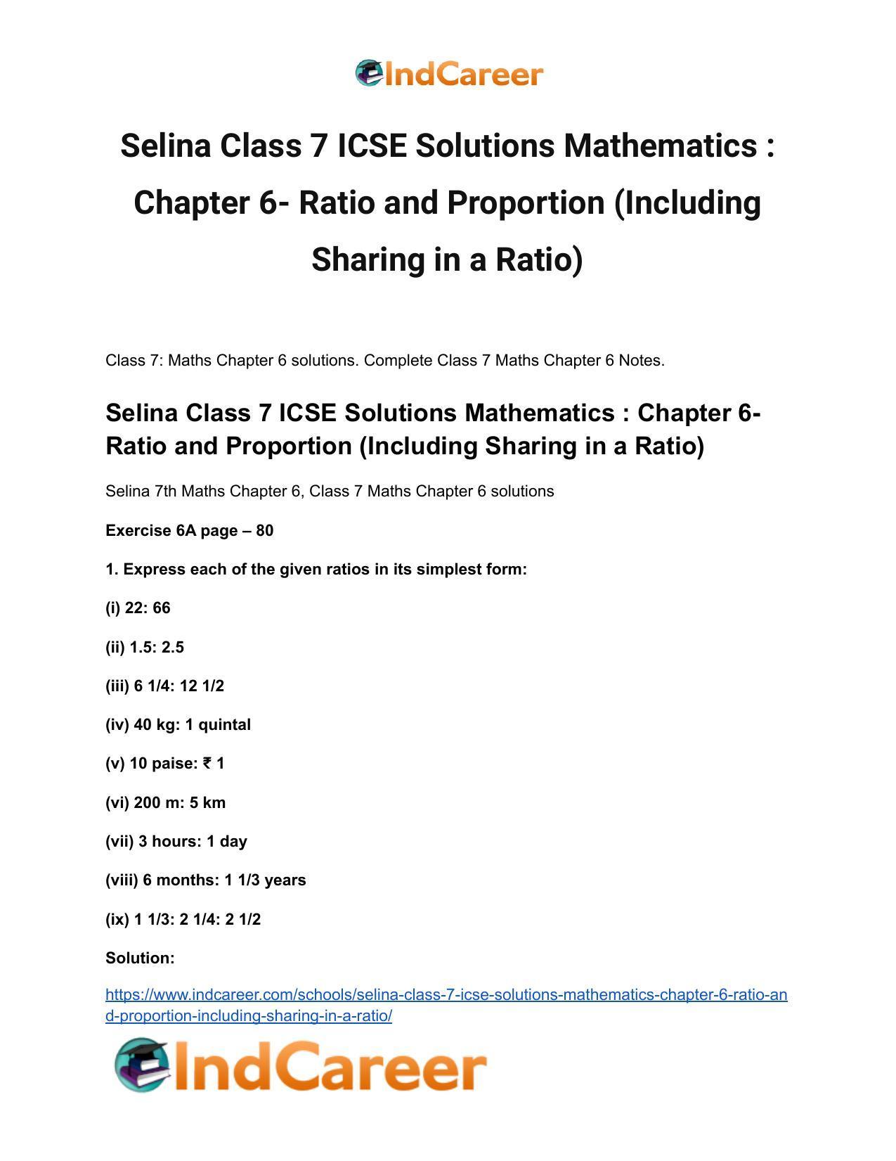 Selina Class 7 ICSE Solutions Mathematics : Chapter 6- Ratio and Proportion (Including Sharing in a Ratio) - Page 2