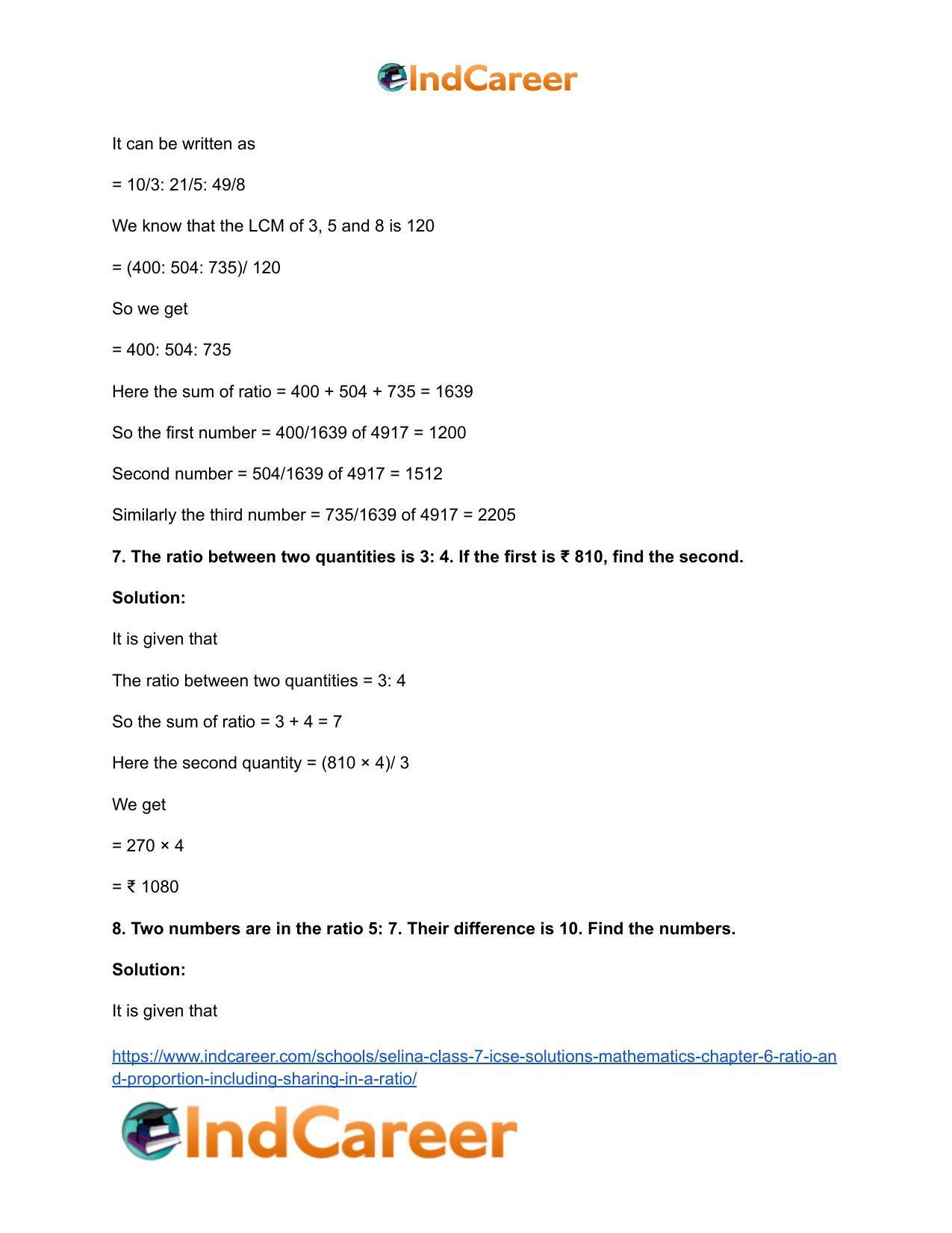 Selina Class 7 ICSE Solutions Mathematics : Chapter 6- Ratio and Proportion (Including Sharing in a Ratio) - Page 10