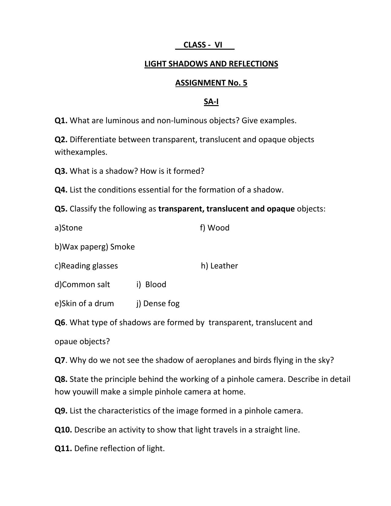 CBSE Worksheets for Class 6 Light Shadows and Reflections Assignment - Page 1