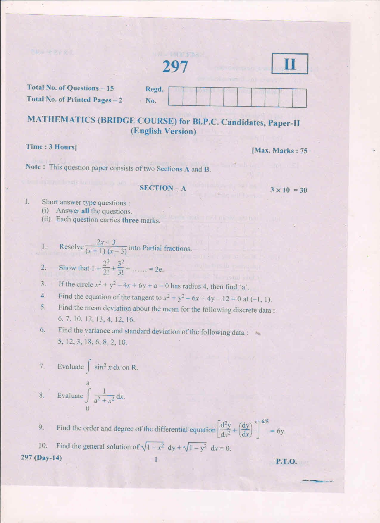AP Inter 2nd Year Bridge Course Mathematics-II (EM) May 2018 (General) Question Paper - Page 1