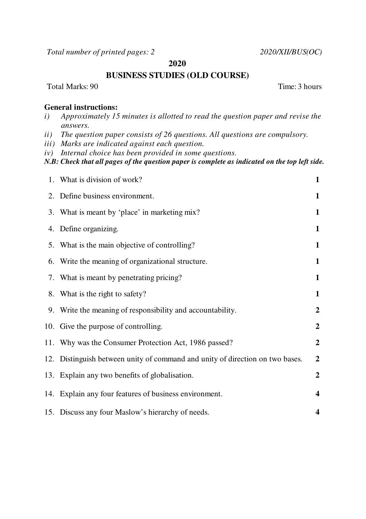 Nagaland Board Class 12 BUSINESS STUDIES (OLD COURSE) 2020 Question Papers - Page 1