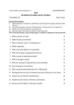 Nagaland Board Class 12 BUSINESS STUDIES (OLD COURSE) 2020 Question Papers