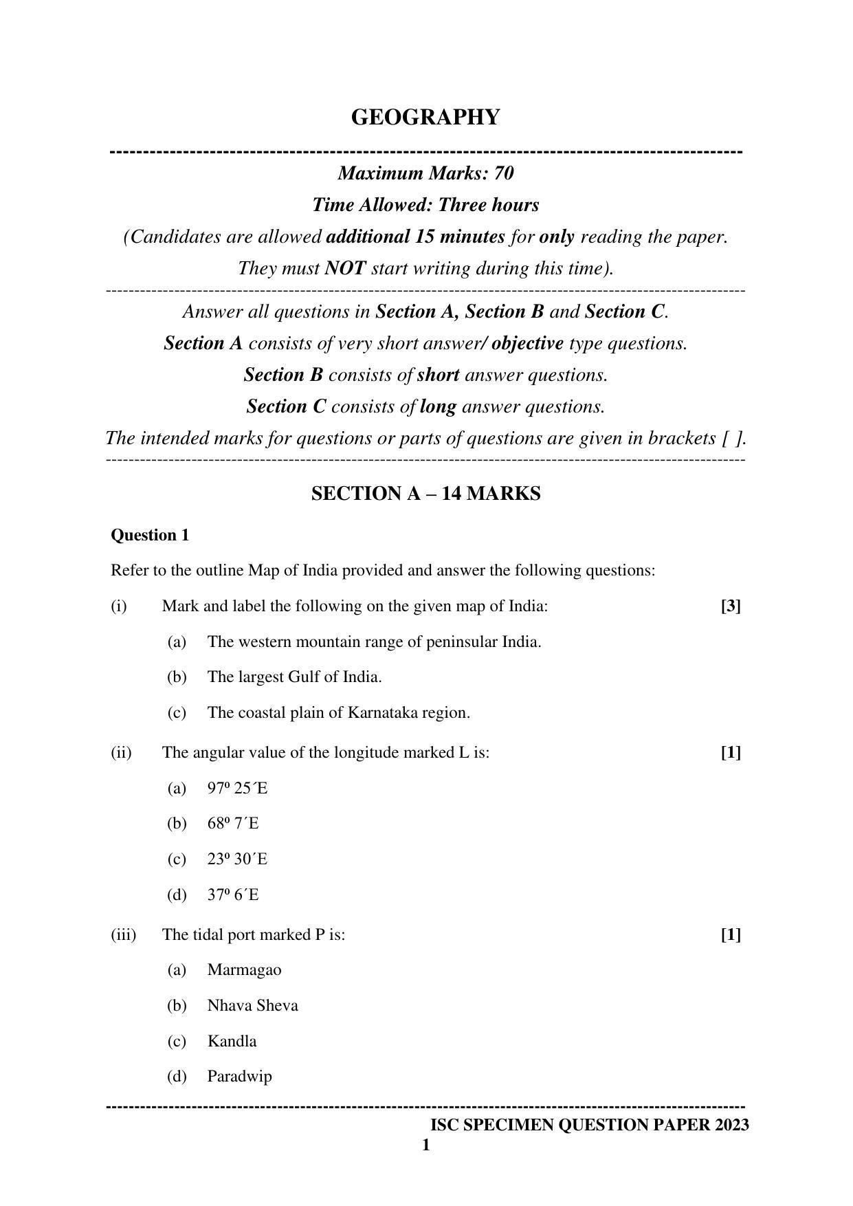 ISC Class 12 Geography Sample Paper 2023 - Page 1