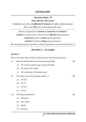 ISC Class 12 Geography Sample Paper 2023