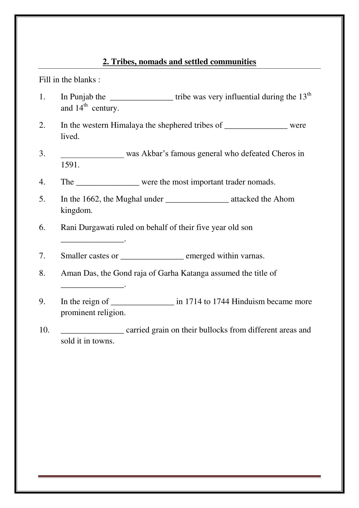 CBSE Worksheets for Class 7 Social Science Tribes, nomads and settled communities Assignment - Page 1