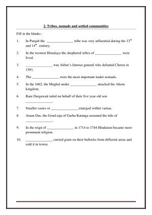 CBSE Worksheets for Class 7 Social Science Tribes, nomads and settled communities Assignment
