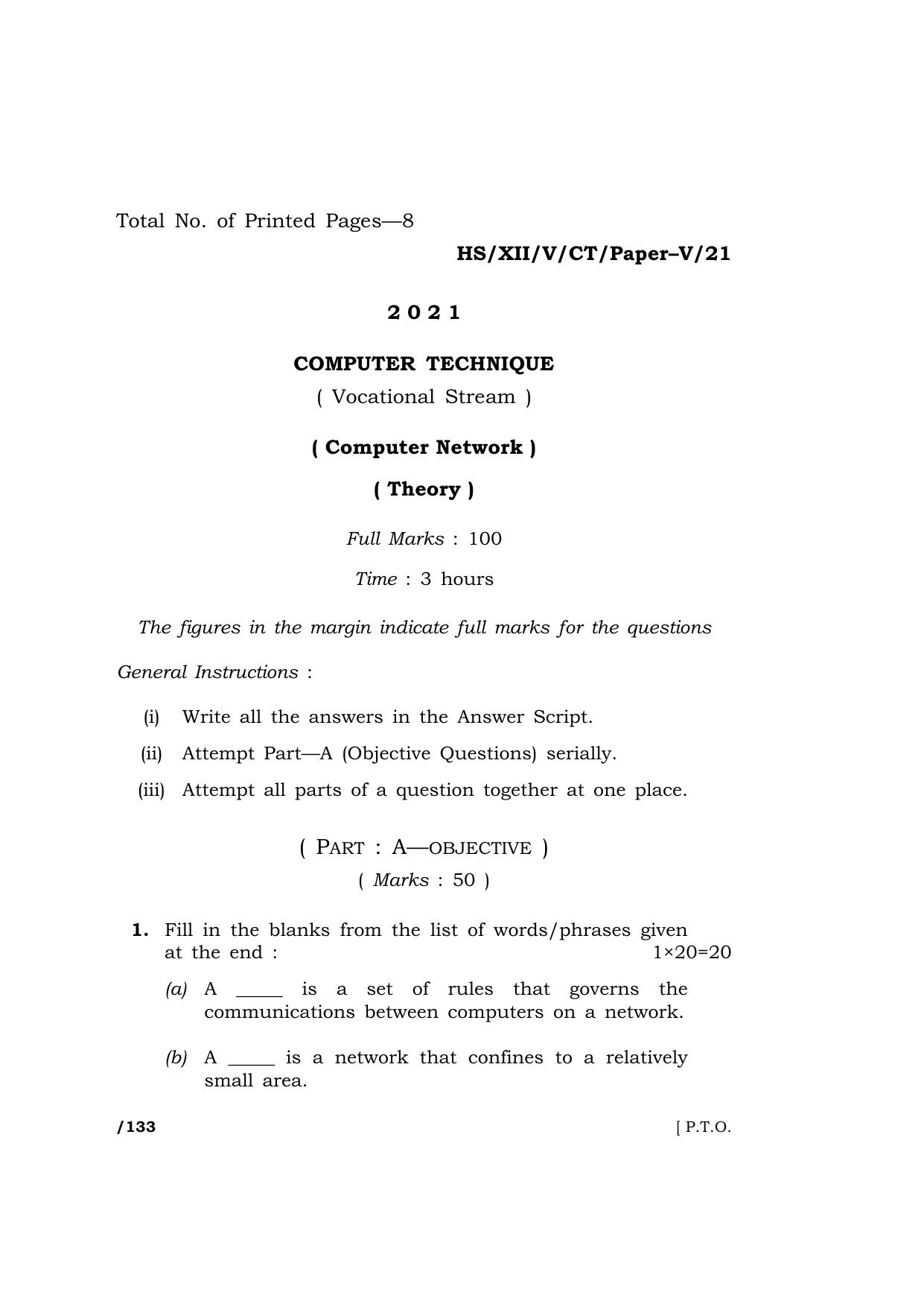 Meghalaya Board (MBOSE) Class 12 COMPUTER TECHNIQUE Paper–V (HS-XII-V-CT-Paper–V-21) 2021 Question Paper - Page 1