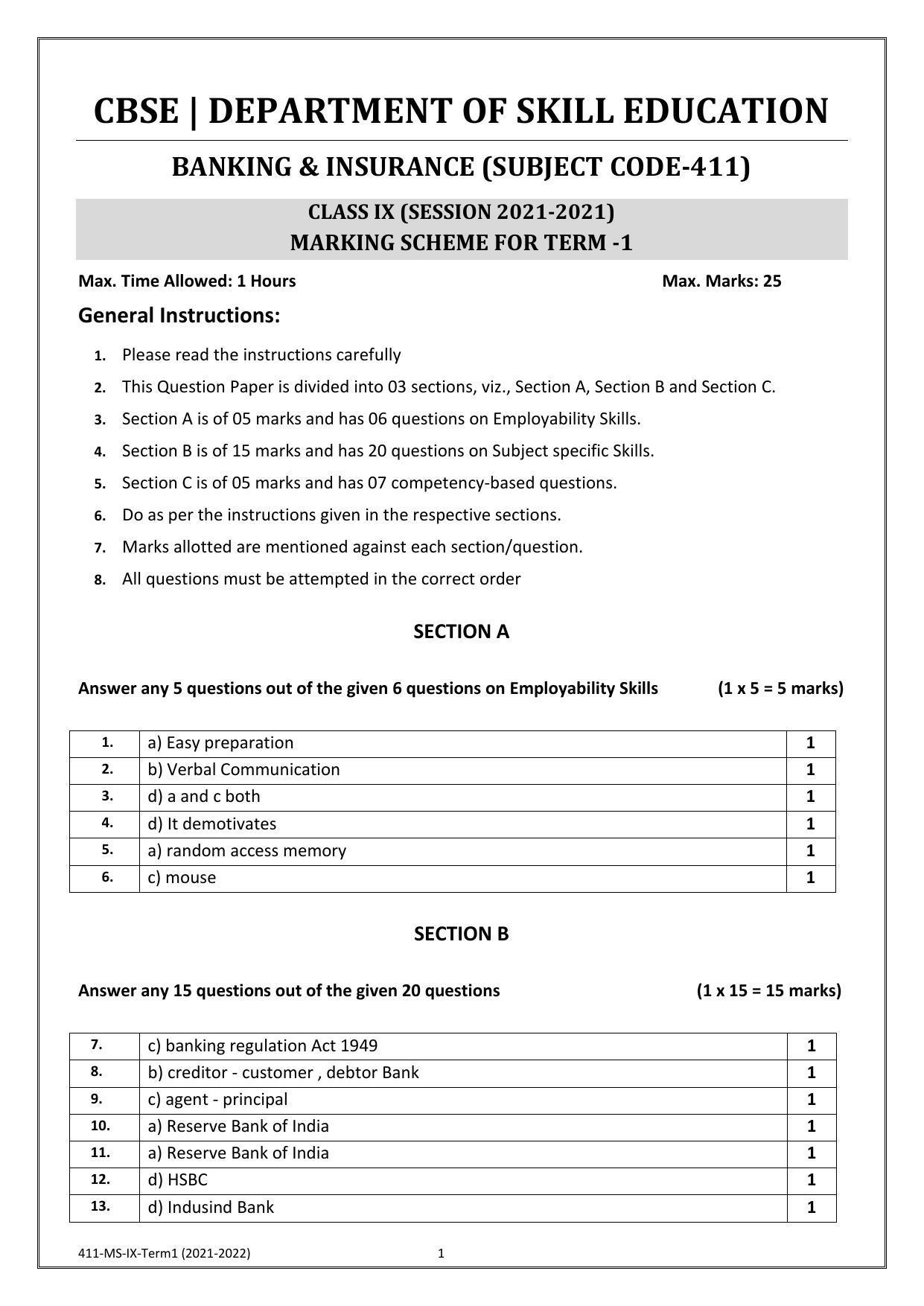 CBSE Class 10 Skill Education (Term I) - Banking & Insurance Marking Scheme 2021-22 - Page 1