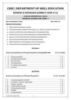 CBSE Class 10 Skill Education (Term I) - Banking & Insurance Marking Scheme 2021-22