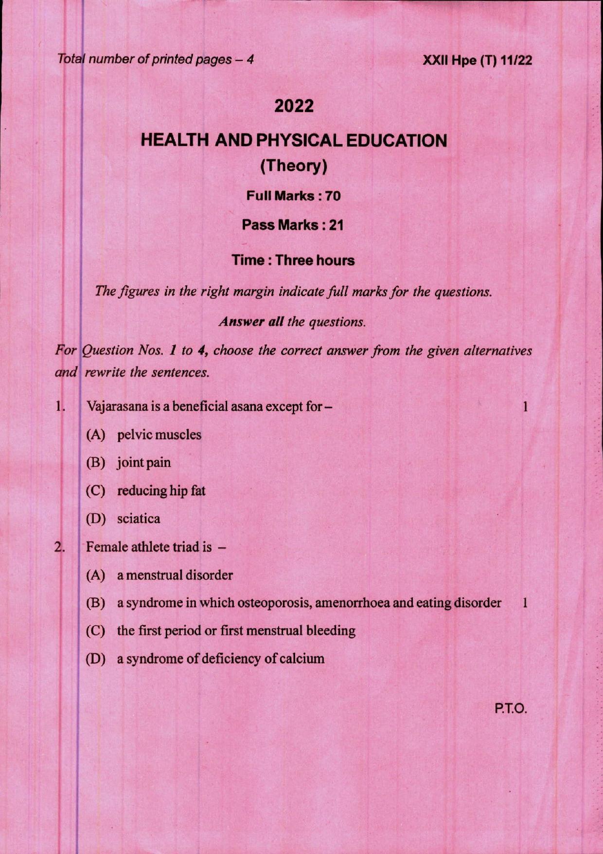 COHSEM 12th Question Papers 2022 Health and Physical Education - Page 1