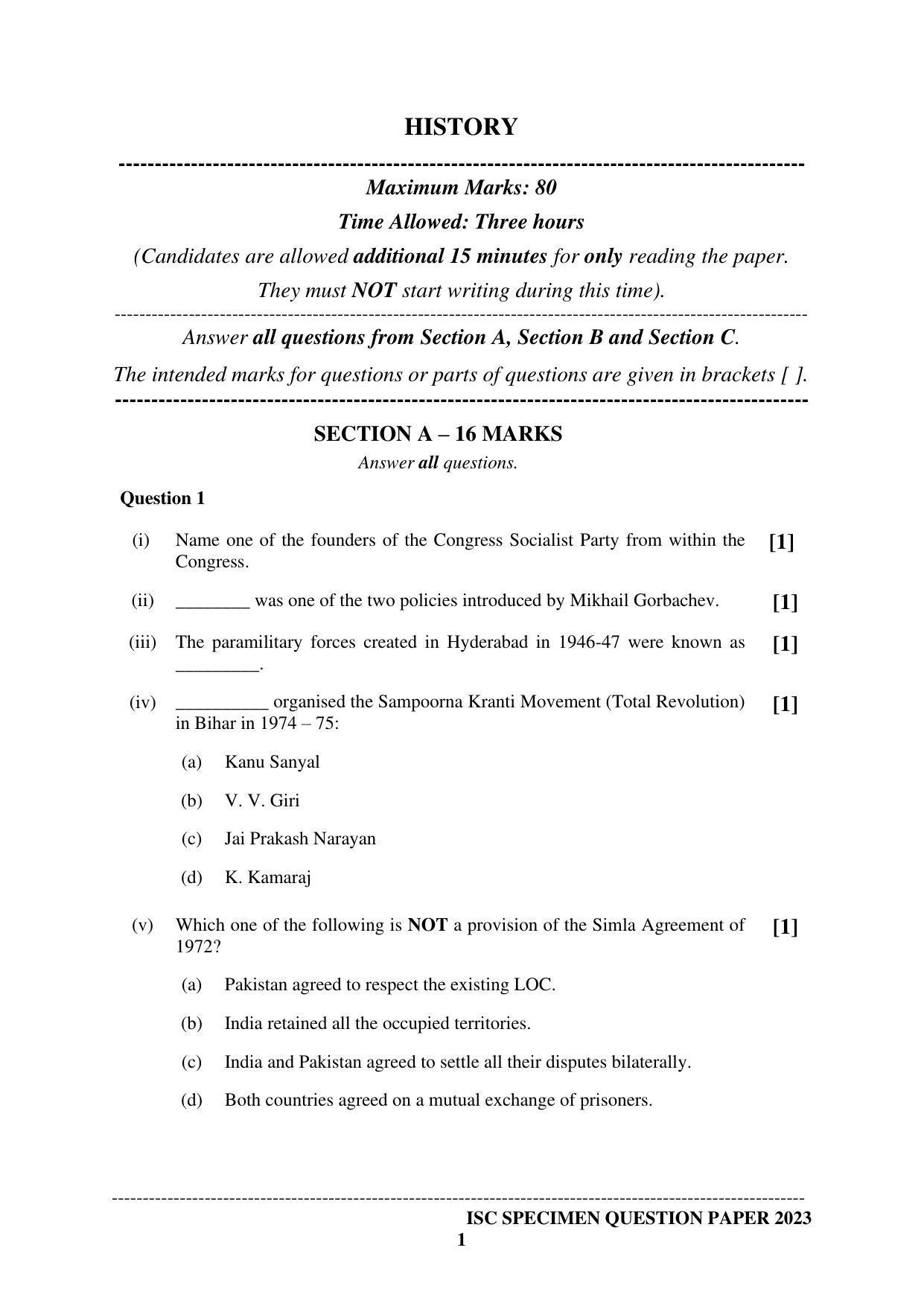 ISC Class 12  History Sample Paper 2023 - Page 1