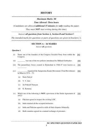 ISC Class 12  History Sample Paper 2023