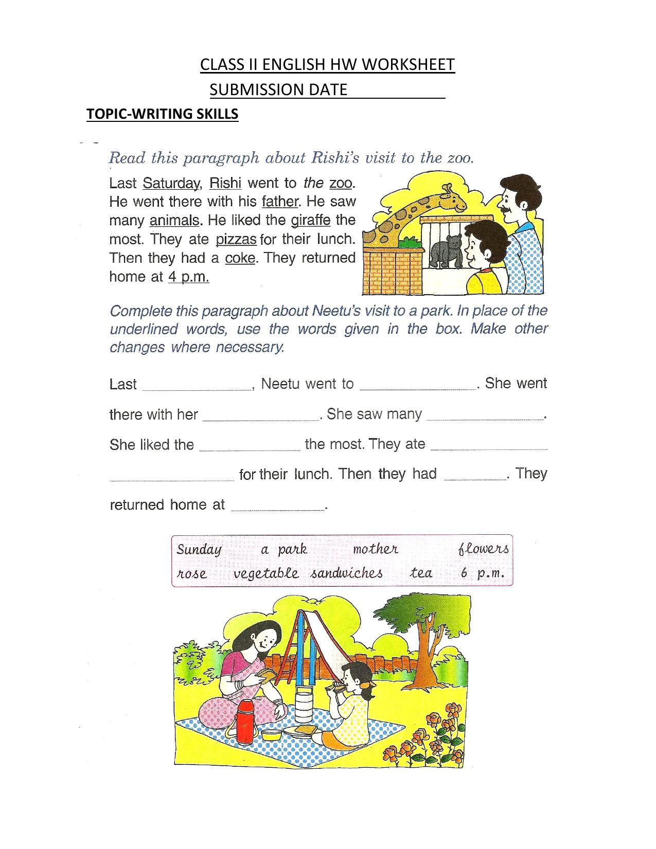 Worksheet for Class 2 English Assignment 65 Writing Skills - Page 1