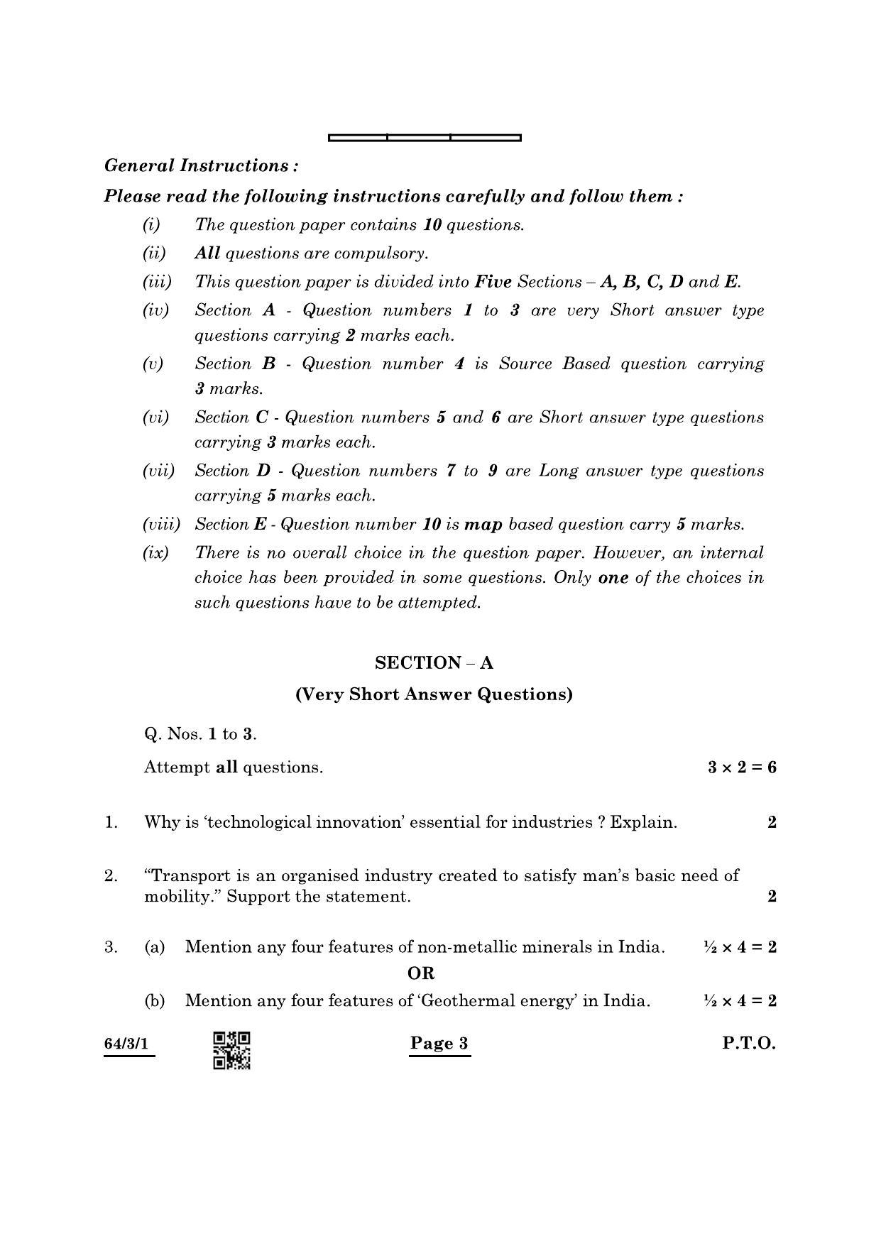 CBSE Class 12 64-3-1 Geography 2022 Question Paper - Page 3