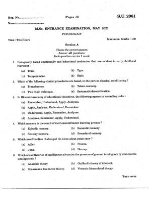 SSUS Entrance Exam Psychology 2021 Question Paper