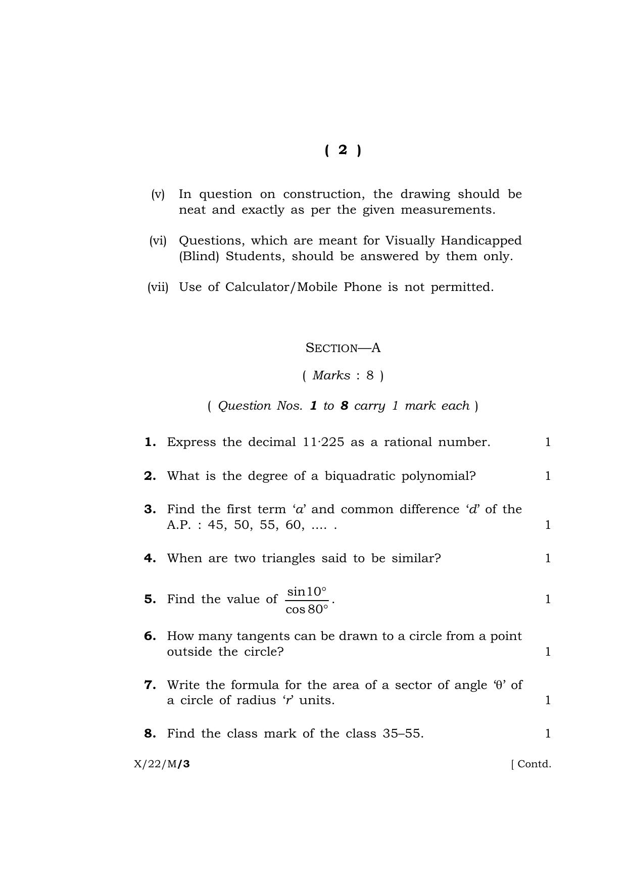 Meghalaya Board (MBOSE) Class 10 MATHEMATICS (X_22_M) 2022 Question Paper - Page 2