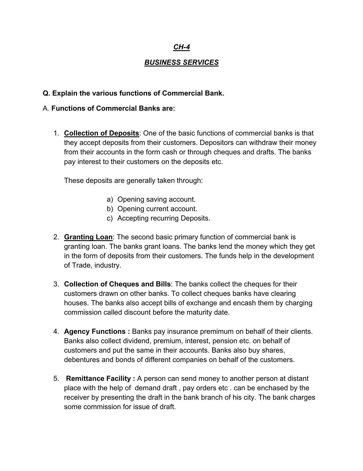 CBSE Worksheets for Class 11 Business Studies Commercial Bank Assignment 1 - Page 1