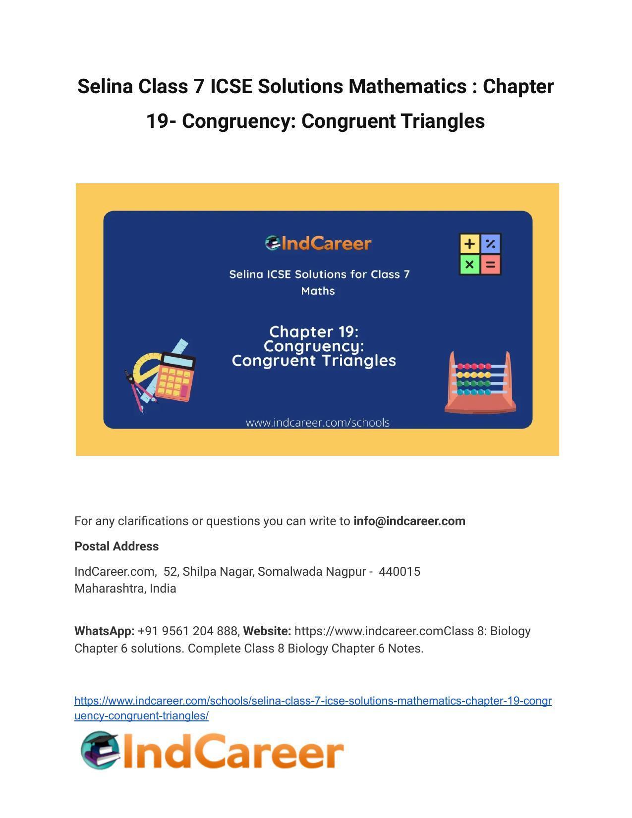 Selina Class 7 ICSE Solutions Mathematics : Chapter 19- Congruency: Congruent Triangles - Page 1