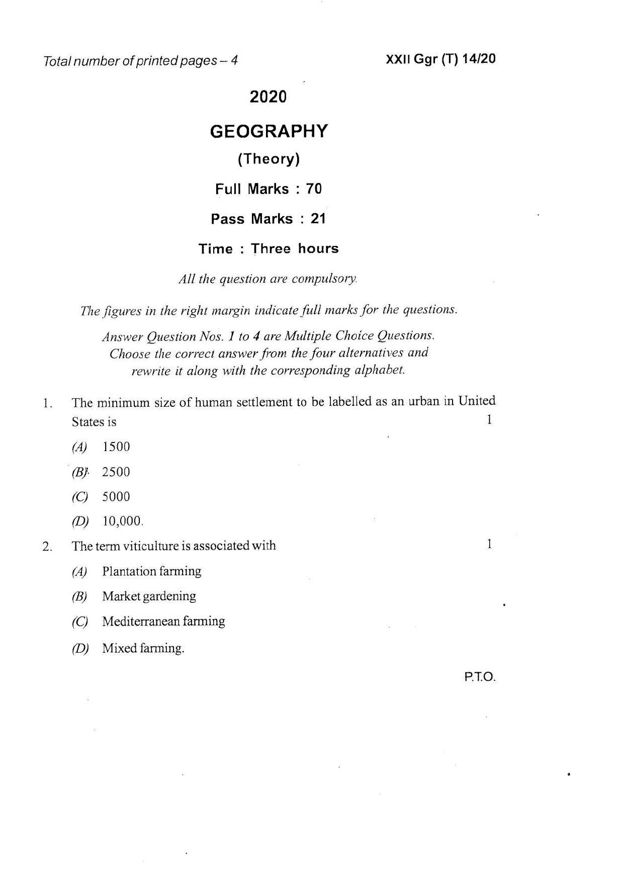 COHSEM Class 12 Geography Question Papers 2020 - Page 1