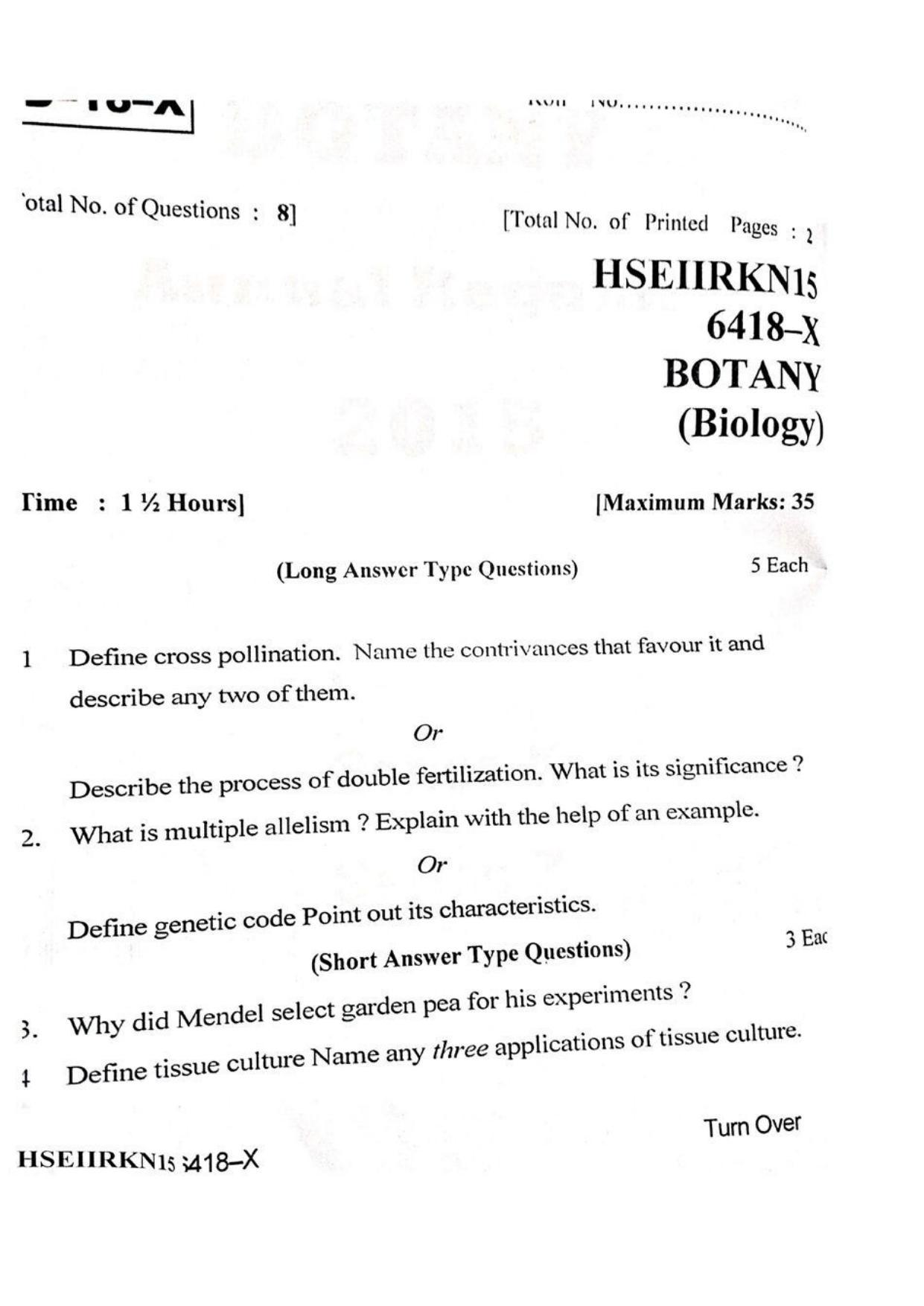 JKBOSE Class 12 Biology-Botany Question Papers 2015 (6418-X) - Page 1