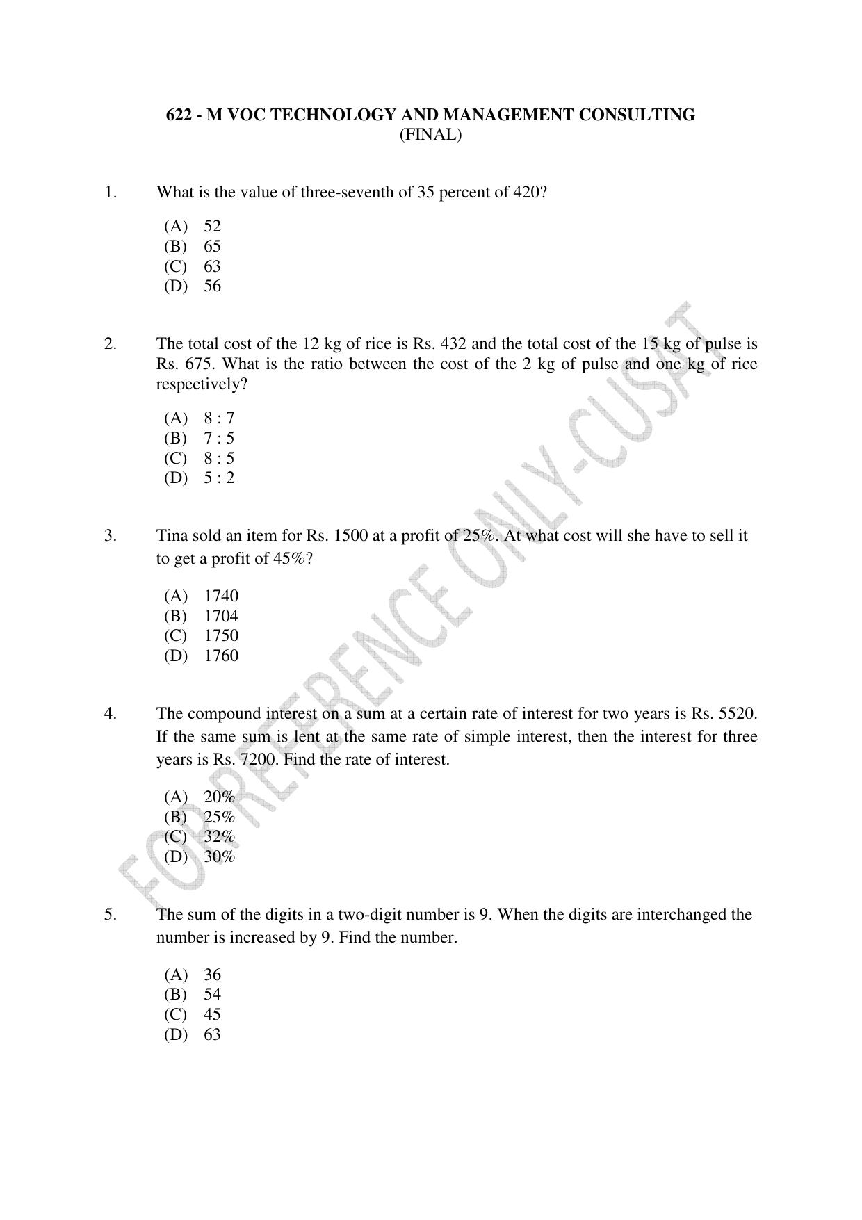 CUSAT CAT 2022 Test for MVoc Programme in Technology and Management Consulting Question Paper - Page 1