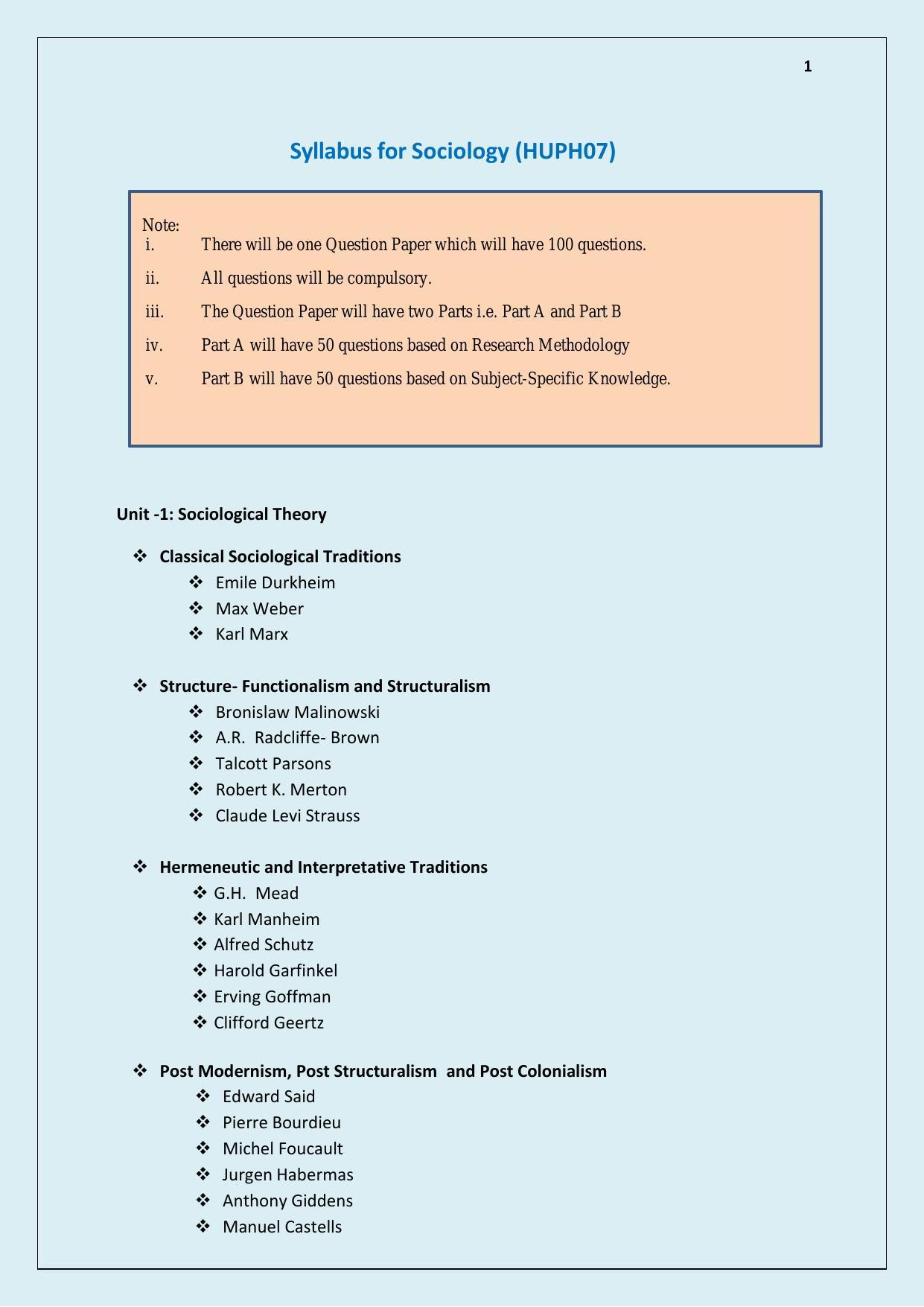 NTA PhD Entrance Exam Sociology Syllabus - Page 1