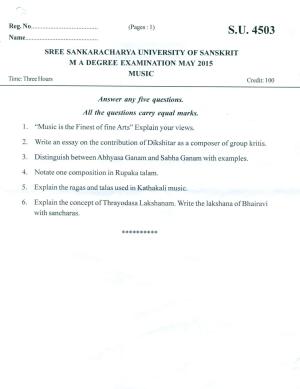 SSUS Entrance Exam MUSIC 2015 Question Paper
