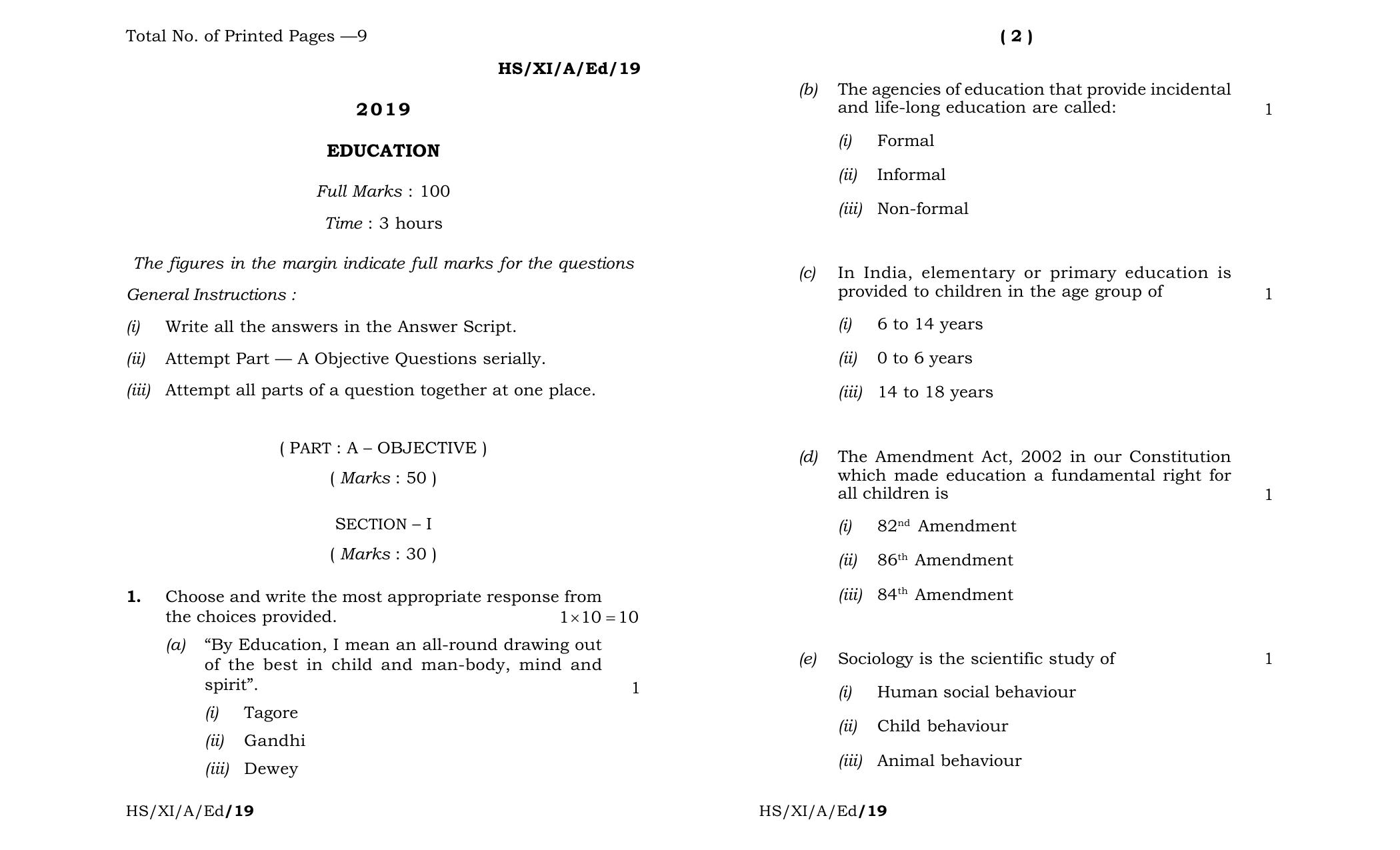 Meghalaya Board (MBOSE) Class 11 Education 2019 Question Paper - Page 1