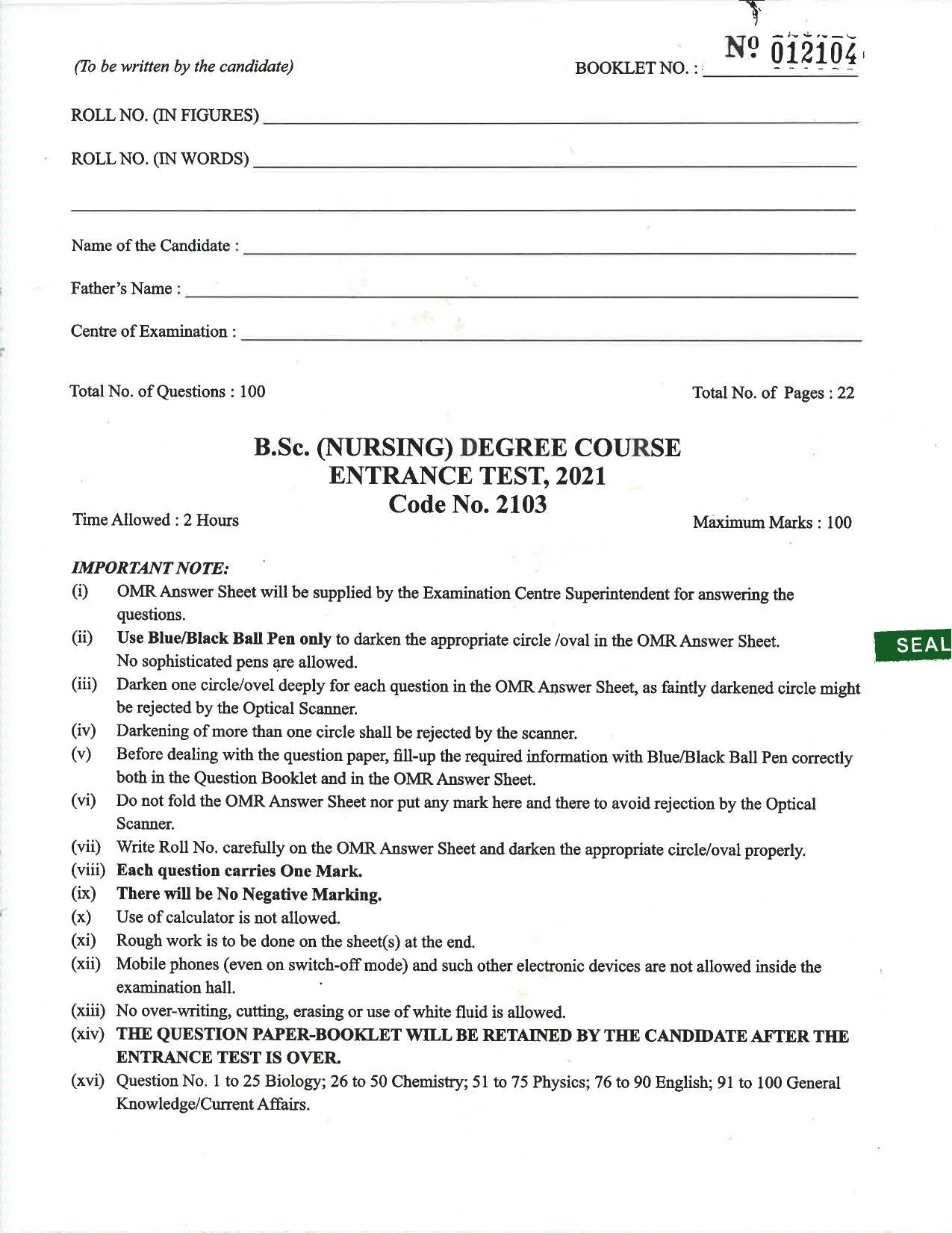 HP B.Sc. Nursing 2021 Question Paper with Answer Key - Page 2