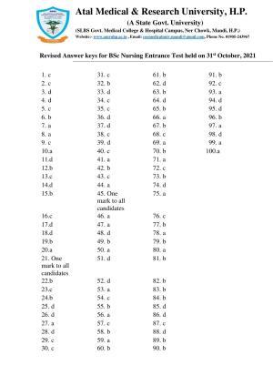 HP B.Sc. Nursing 2021 Question Paper with Answer Key