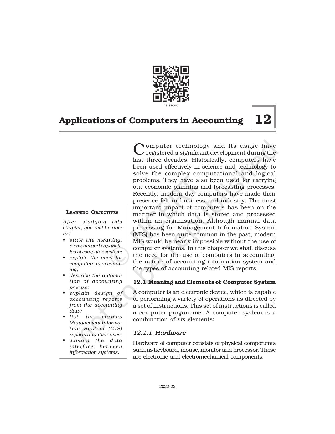 NCERT Book for Class 11 Accountancy (Part-II) Chapter 12 Applications of Computers in Accounting - Page 1