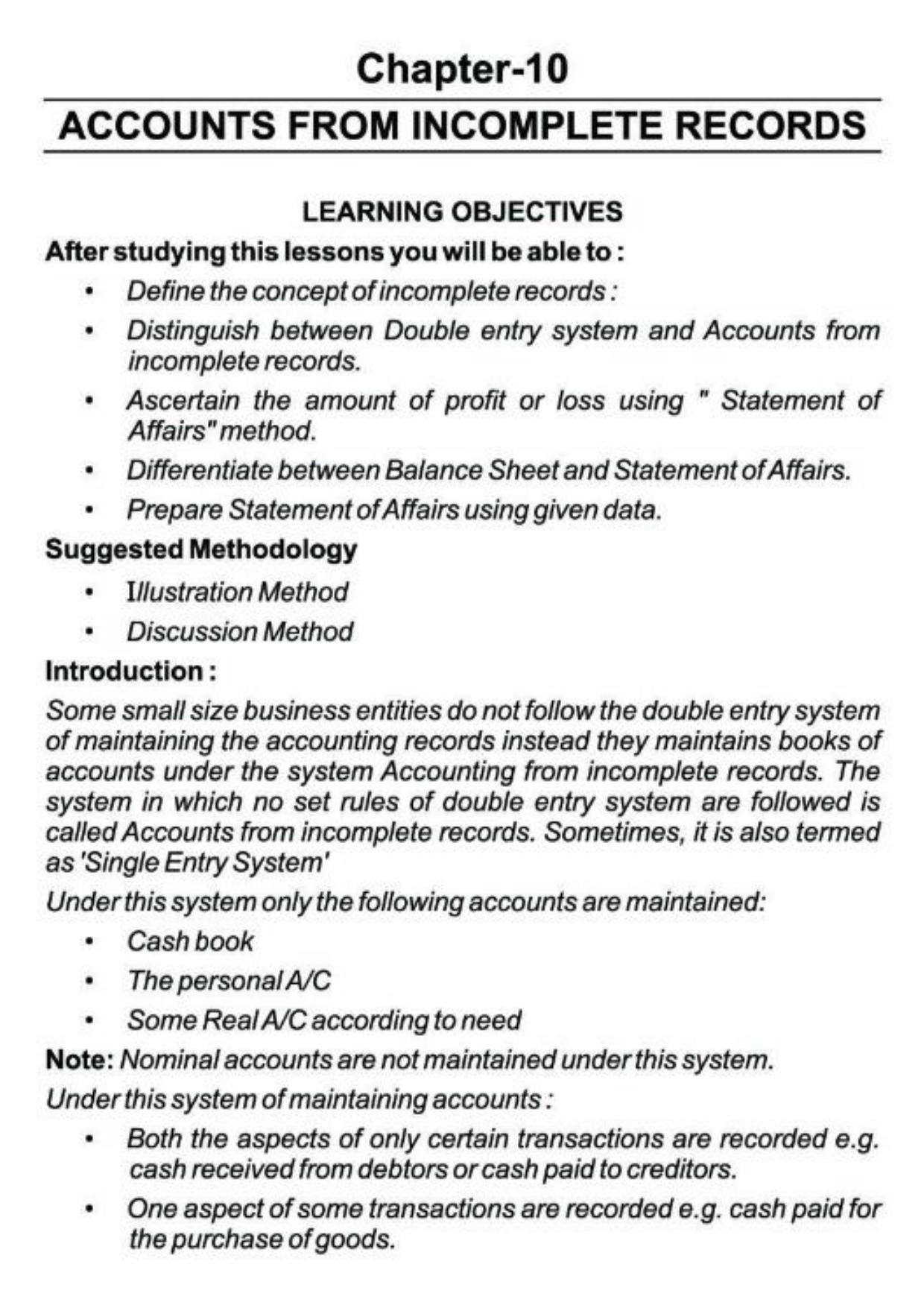 Class 11 Notes, Question & Practice Paper - Accountancy (Topic 10 : Accounts from Incomplete Records) - Page 2