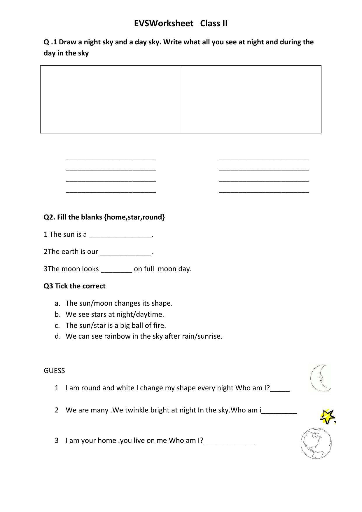 Worksheets for Class 2 EVS Assignment 24 Sky - Page 1