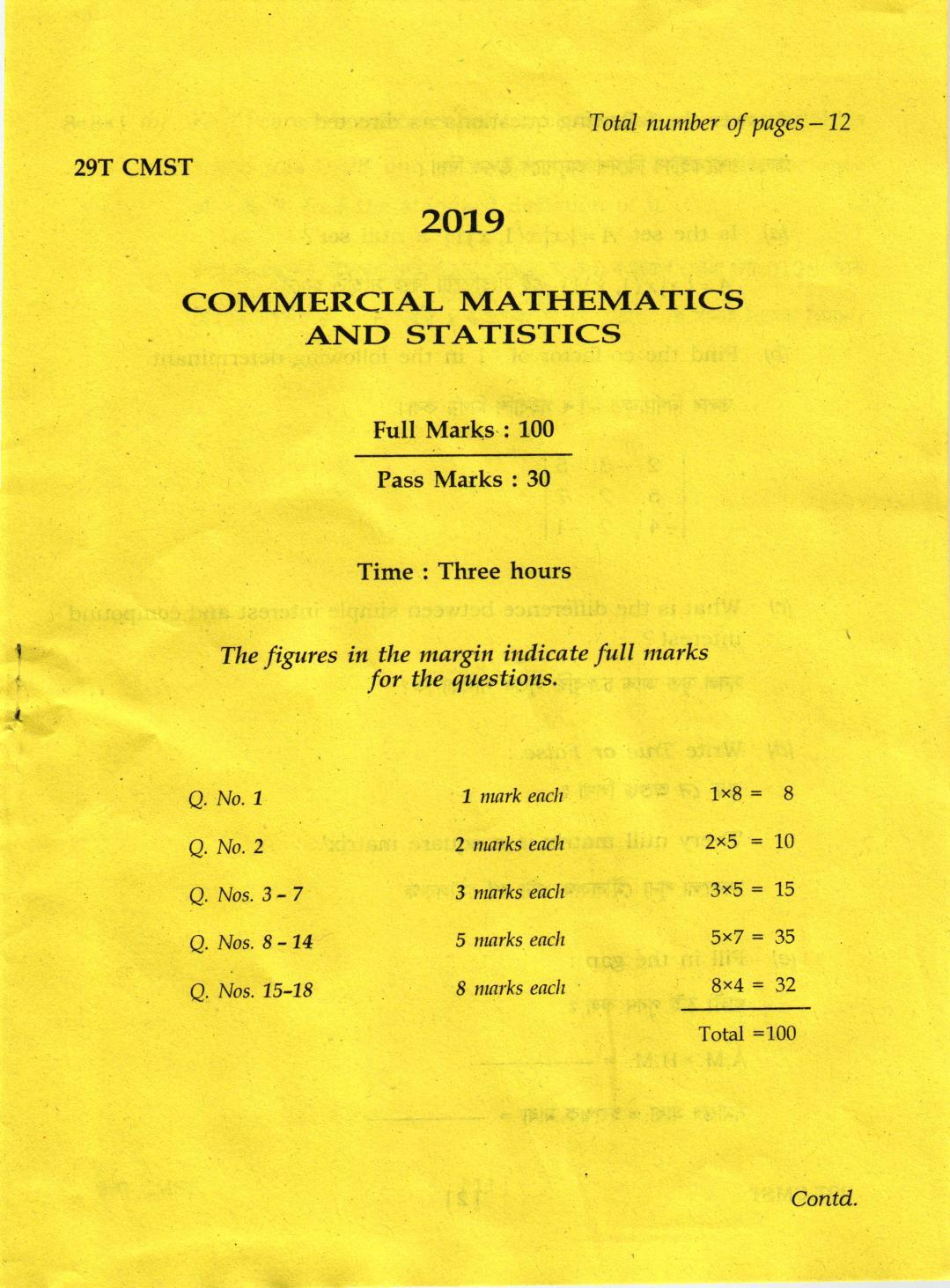 AHSEC Class 12 Commercial Mathematics and Statistics 2019 Question Papers  - Page 1
