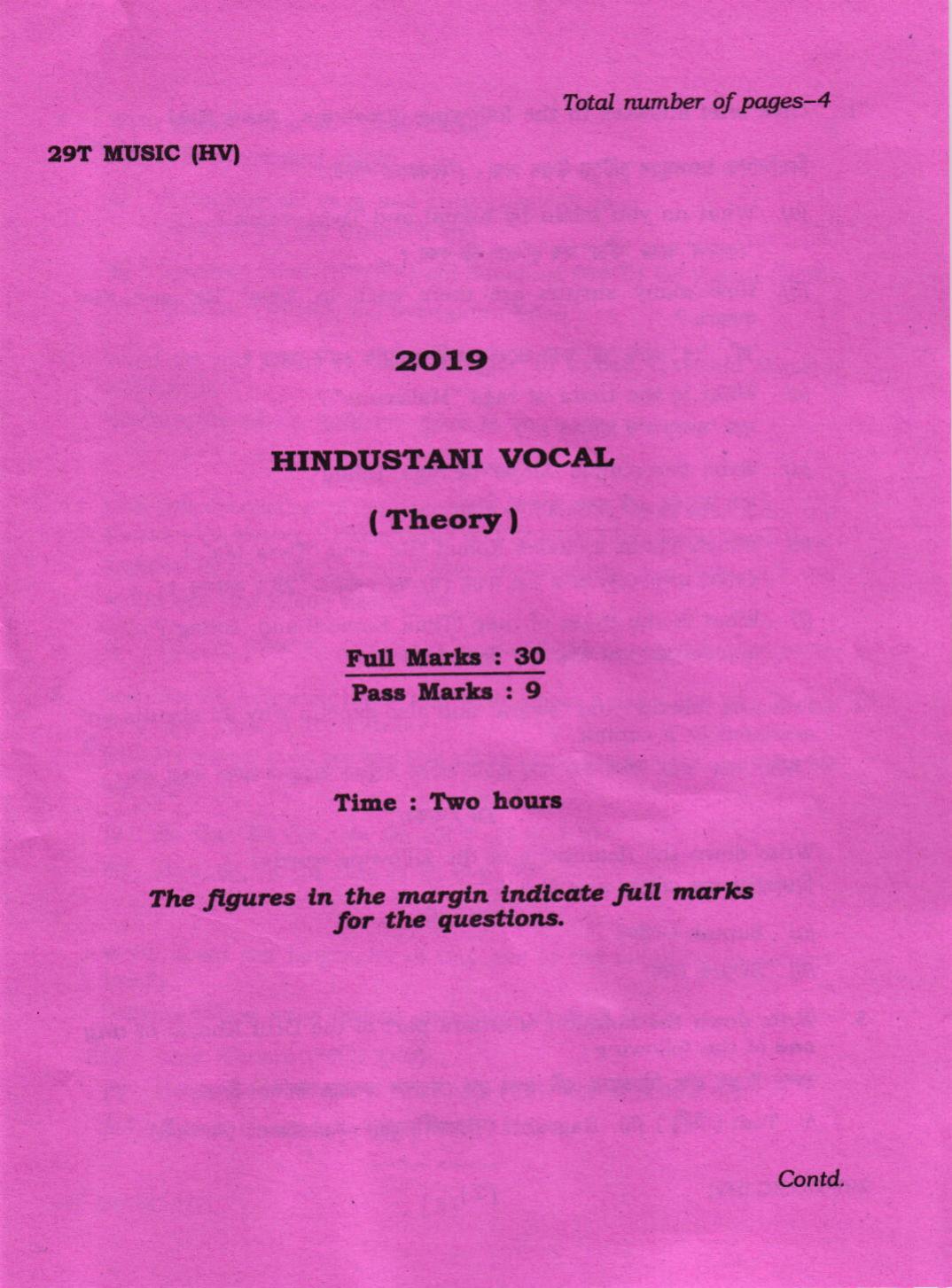 AHSEC Class 12 Hindustani Vocal 2019 Question Papers  - Page 1