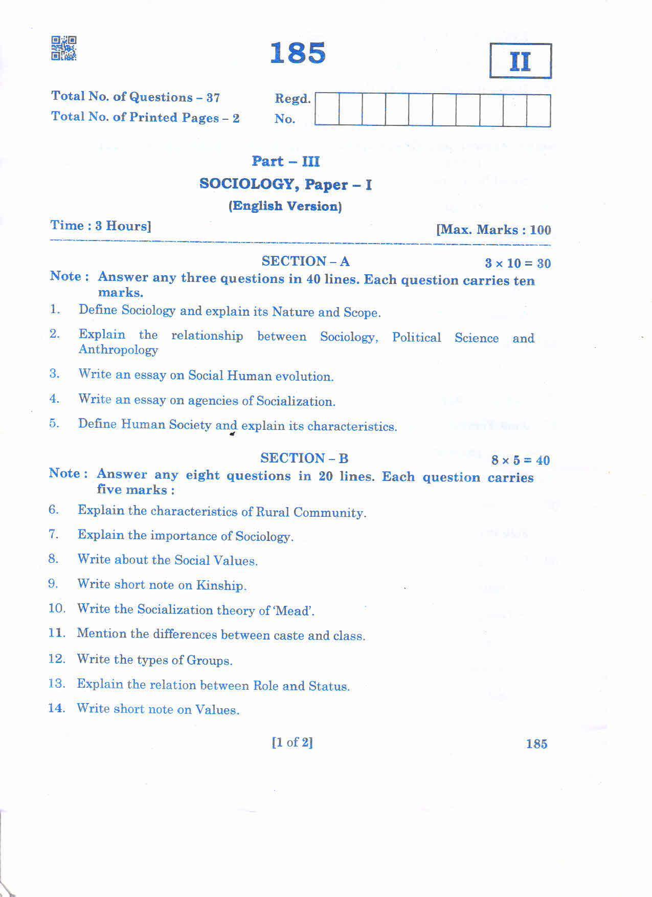 AP 2nd Year General Question Paper March - 2020 - SOCIOLOGY-I(EM) - Page 1