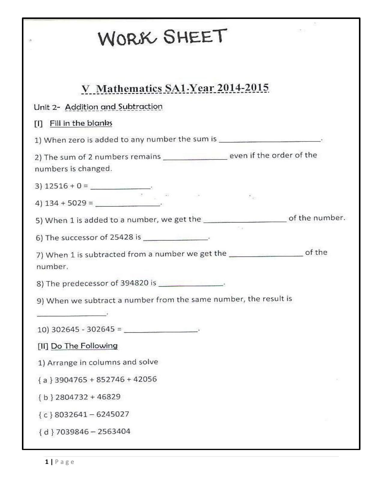 Worksheet for Class 5 Maths Compilation Assignment - Page 1