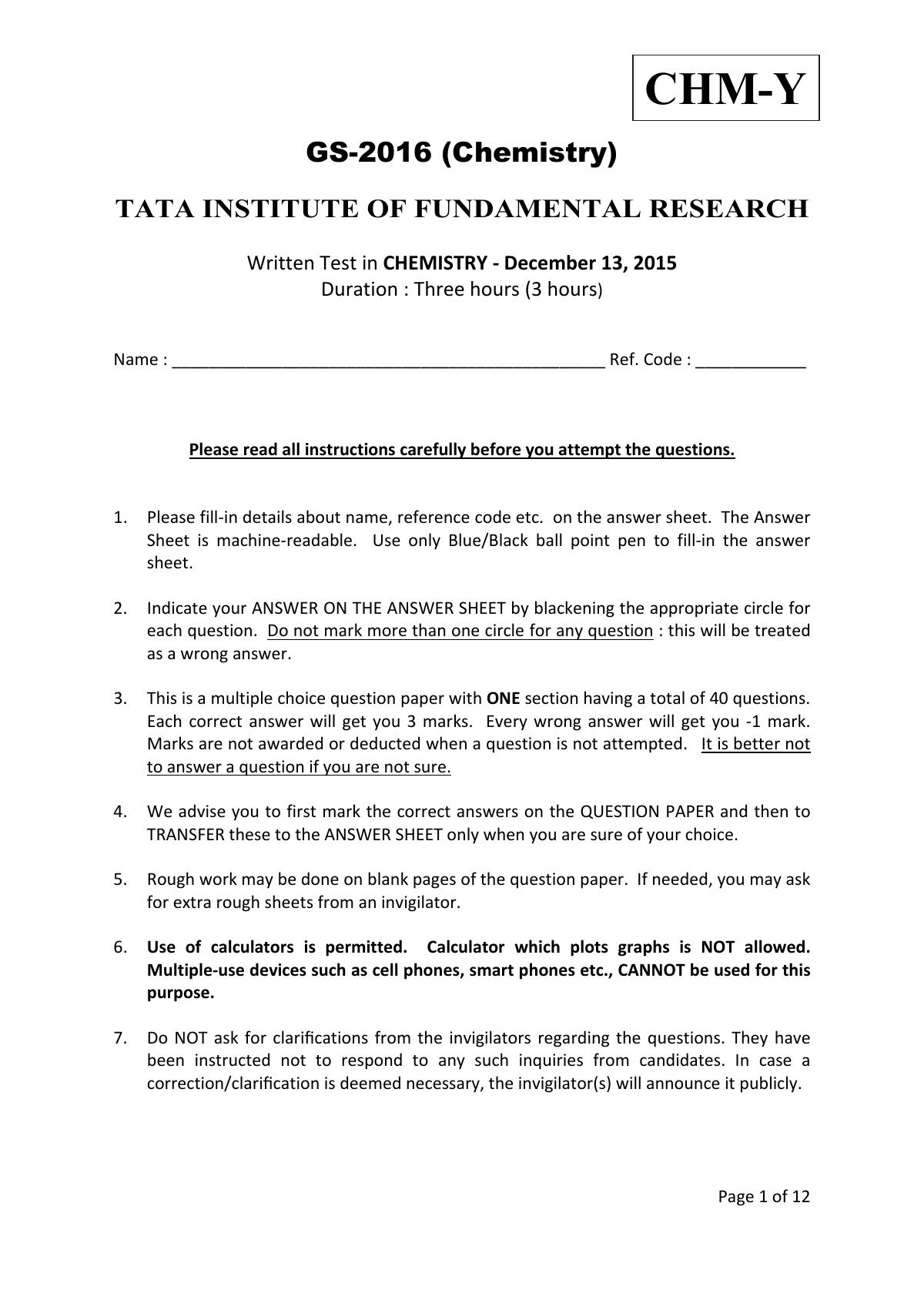 TIFR GS 2016 Chemistry Y Question Paper - Page 1