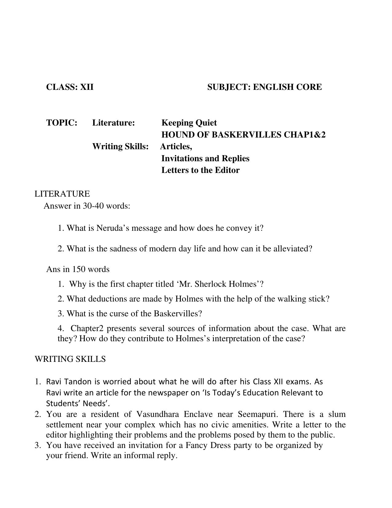CBSE Class 12 English Core Assignment 3 - Page 1