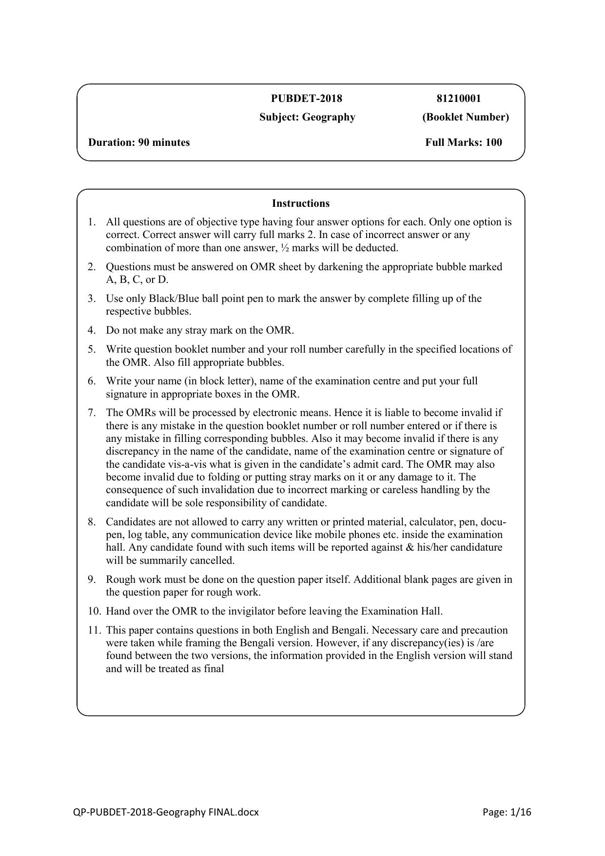 PUBDET 2018 Geography Question Paper - Page 1