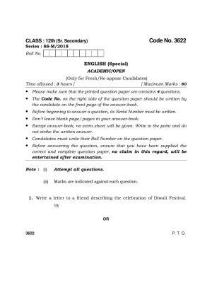 Haryana Board HBSE Class 12 English (Special) 2018 Question Paper