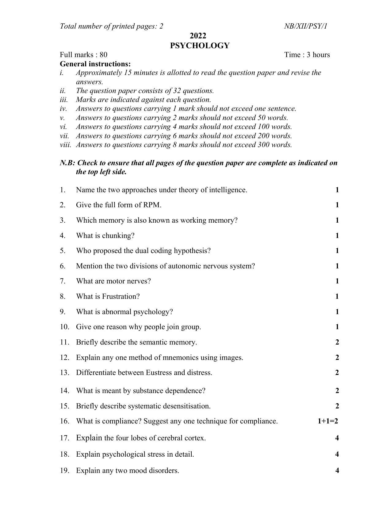 Nagaland Board Class 12 psychology 2022 Question Paper - Page 1